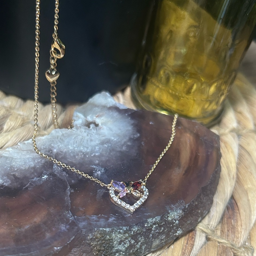 Pretty Bird Rose Gold Plated Necklace With Heart & Colorful Butterfly